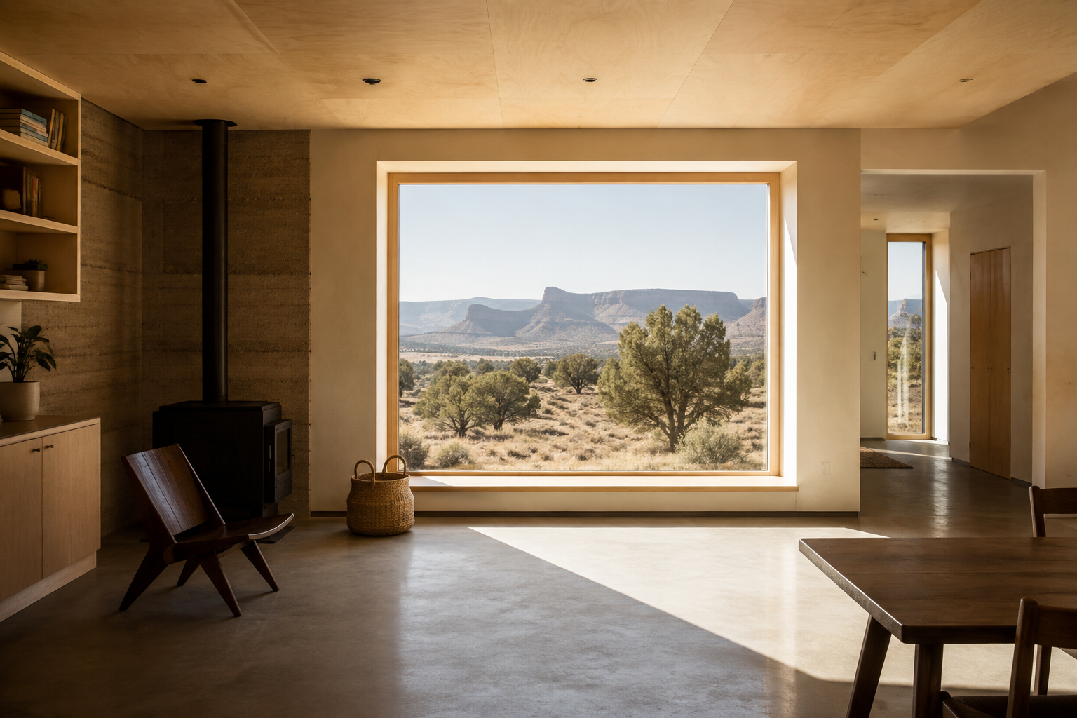 Conceptual sunlit home interior with deep window reveals and a view of Colorado desert mesas